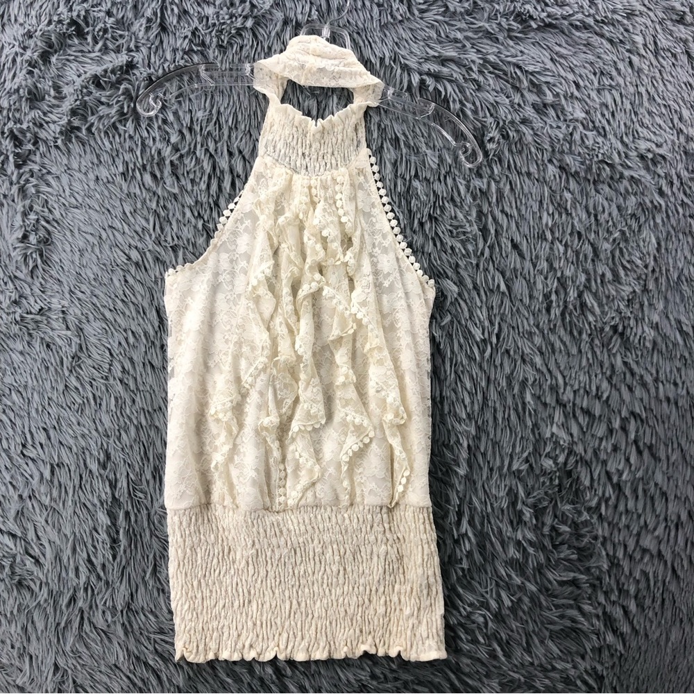 Studio Y Top Womens Small High Neck Halter White Lace Backless Gathered Waist
